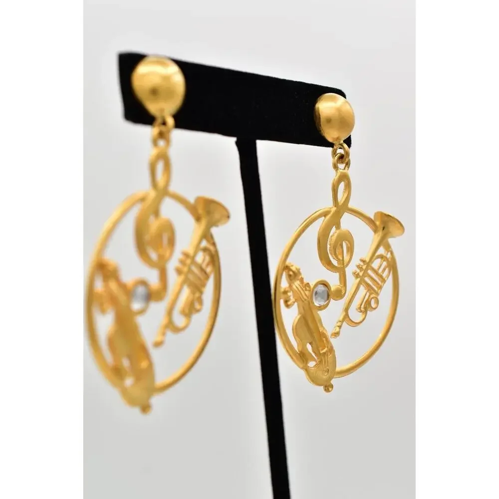 Vintage Musical Dangle Earrings Instrument Brushed Gold Matte NOS 1980s BinBK